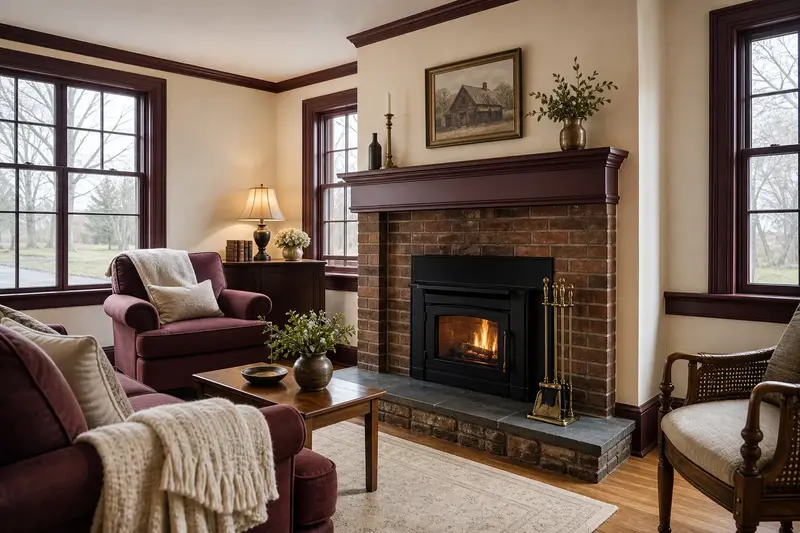A restored hearth room with a wood-burning insert in a brick opening, a clean hearth and brass fireplace tools; illustrative image
