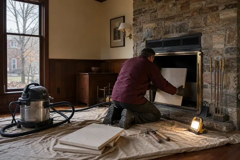 A technician fitting a refractory panel into the firebox of a factory-built wood-burning fireplace with a stone facing, the fireplace cold and unlit; illustrative image