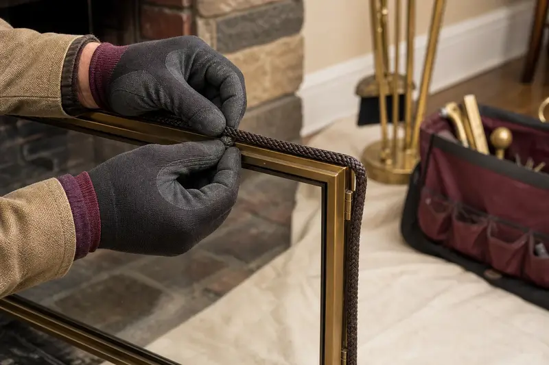 Gloved hands fitting new gasket rope along a fireplace door frame; illustrative image
