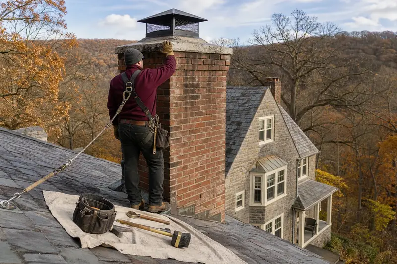 A harnessed technician checking the cap and crown of a tall brick chimney on a steep gable roof before the heating season; illustrative image