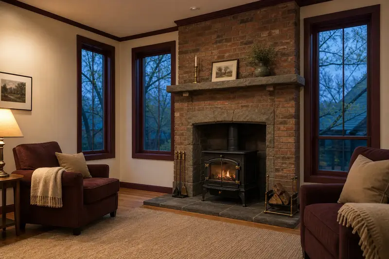 An empty, freshly painted living room with a cast-iron wood stove on a stone hearth pad awaiting new owners; illustrative image