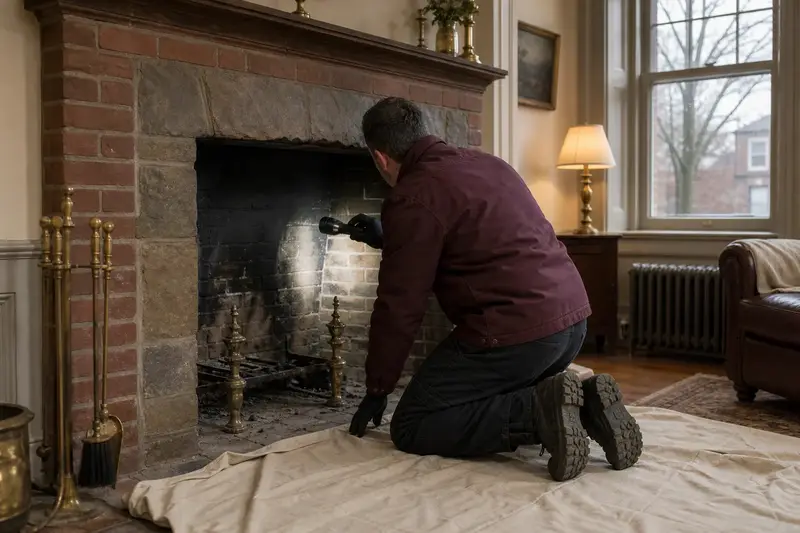 A technician examining the firebox of an open masonry wood-burning fireplace by flashlight during a pre-purchase visit, the fireplace cold; illustrative image