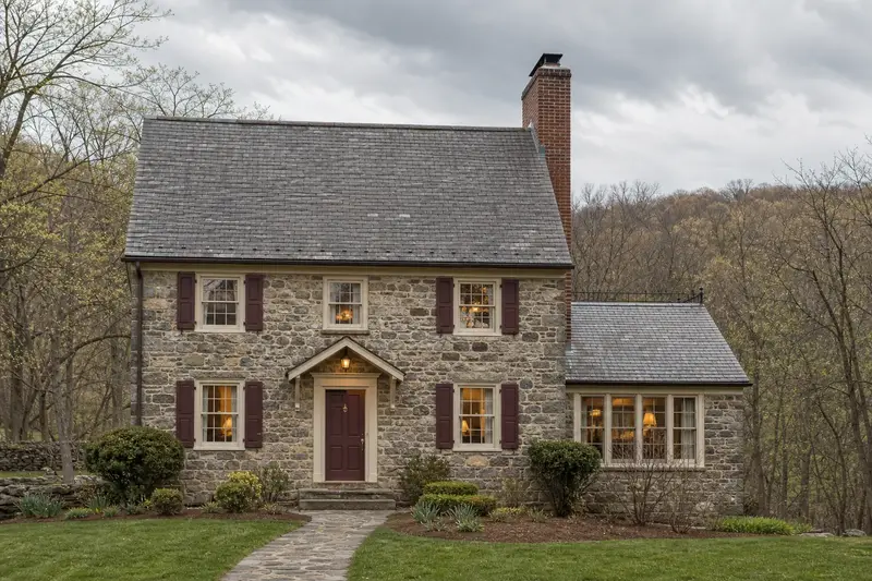 A 1940s stone farmhouse with a tall brick chimney on a steep gable roof and neat mortar joints; illustrative image