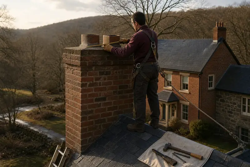 A harnessed mason measuring the crown of a two-flue brick chimney on a slate roof with a folding rule; illustrative image