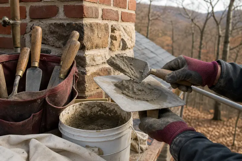A mortar hawk, trowels and a bucket of mixed mortar set on a roof work platform; illustrative image