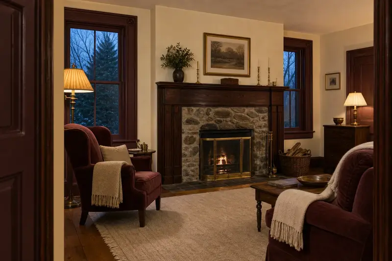 A period hearth room with a factory-built wood-burning fireplace with a stone facing and an original carved wood mantel; illustrative image