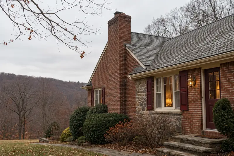 A 1970s brick-front ranch house with a tall brick chimney on a steep gable roof and period details; illustrative image