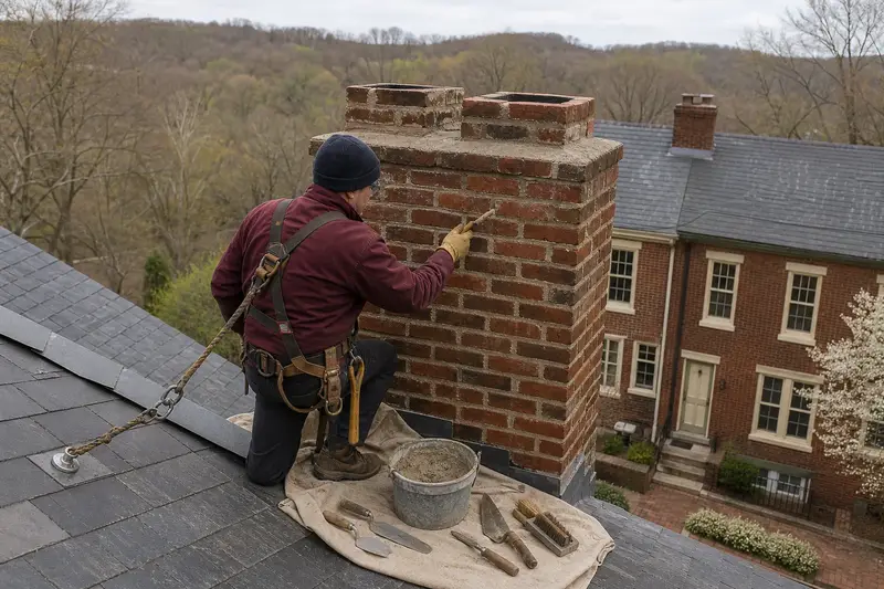 A harnessed mason pointing soft lime mortar into old brick joints on a two-flue brick chimney on a slate roof; illustrative image