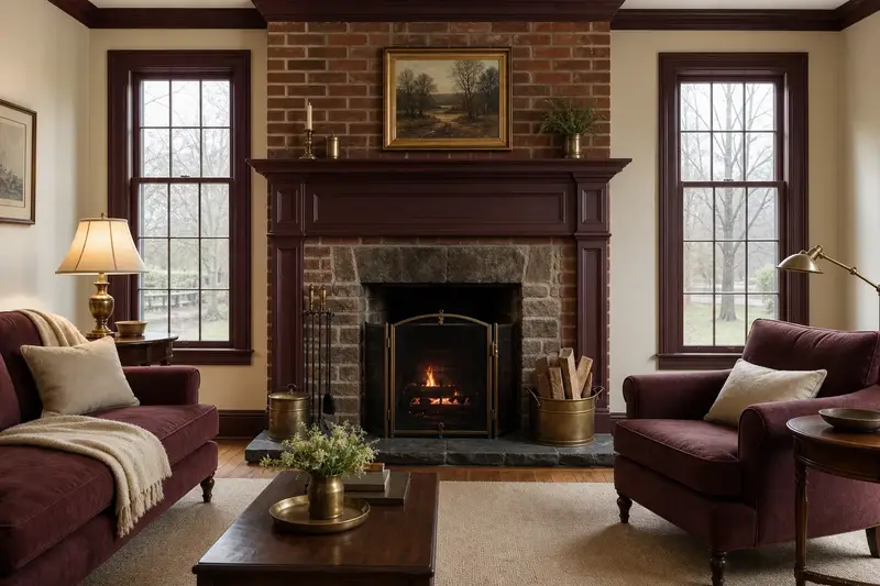 A living room with an open masonry wood-burning fireplace and a small fire behind a screen, no one present; illustrative image