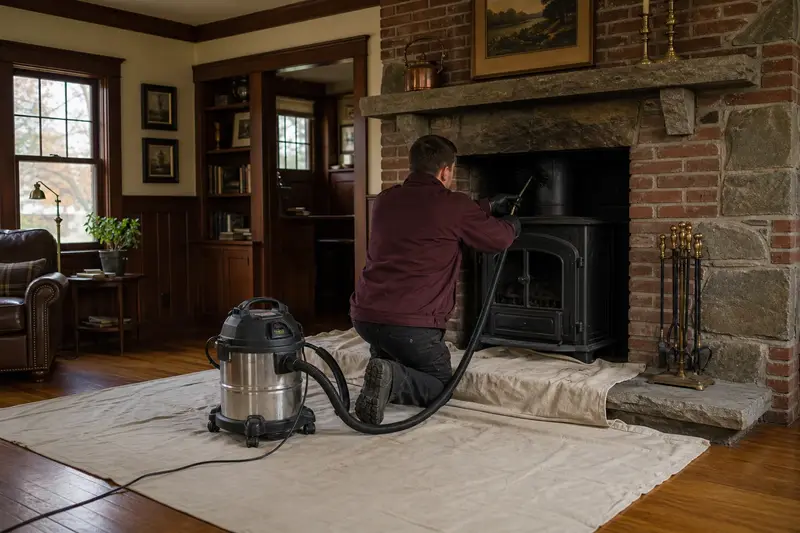 A technician kneeling at a cast-iron wood stove on a stone hearth pad with a sealed vacuum and drop cloths, the fireplace cold and unlit; illustrative image