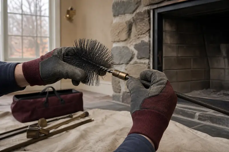 Gloved hands fitting a round wire brush onto a flexible rod at the hearth of a factory-built wood-burning fireplace with a stone facing; illustrative image