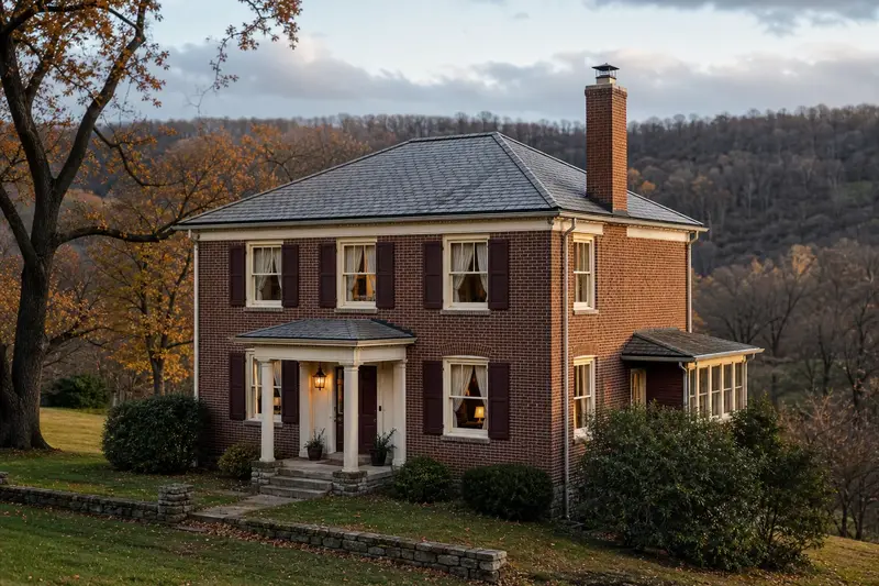A 1940s brick foursquare house with a red brick chimney with a concrete crown and a stainless steel cap; illustrative image