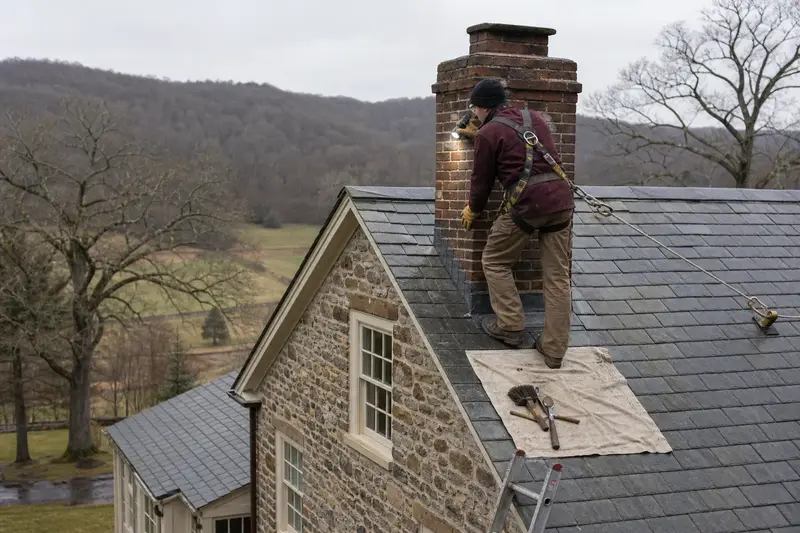A harnessed technician examining the top of a tall brick chimney on a steep gable roof with a flashlight from a dry roof surface; illustrative image