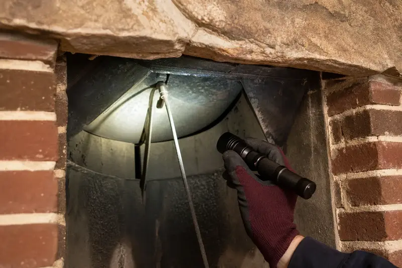 A flashlight beam across the smoke chamber and damper of an open masonry wood-burning fireplace, a gloved hand holding the light; illustrative image