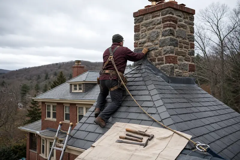 A harnessed technician checking the step flashing where a stone masonry chimney meets the roof; illustrative image