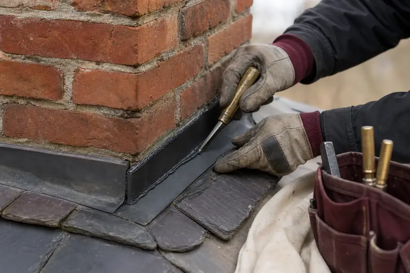 Gloved hands resealing the counter-flashing joint at the base of a brick chimney; illustrative image