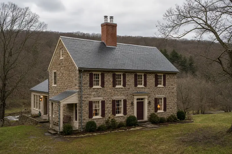 A 1940s stone farmhouse with a two-flue brick chimney on a slate roof fitted with a stainless steel liner cap; illustrative image