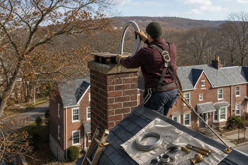 A harnessed technician guiding a flexible stainless steel liner down into the flue at the top of a tall brick chimney on a steep gable roof; illustrative image