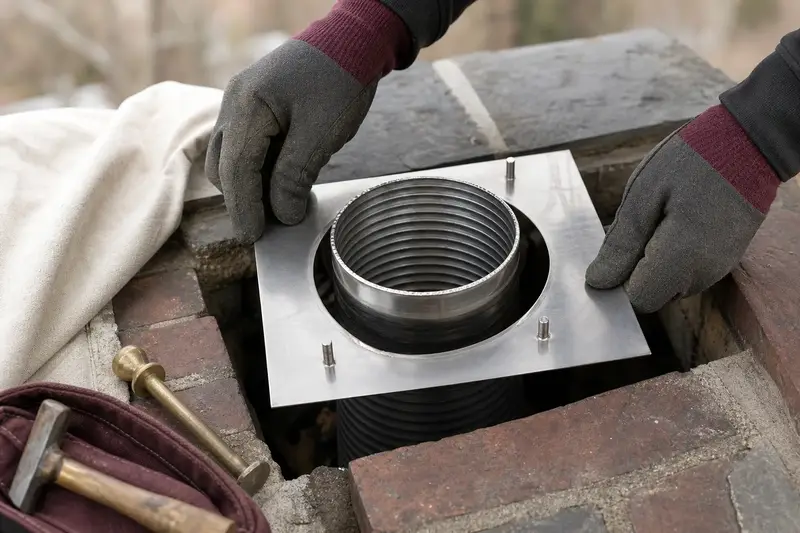 Gloved hands fitting a stainless steel liner top plate at a flue opening; illustrative image