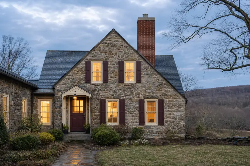 A 1940s stone farmhouse in soft daylight with a red brick chimney with a concrete crown and even brickwork; illustrative image