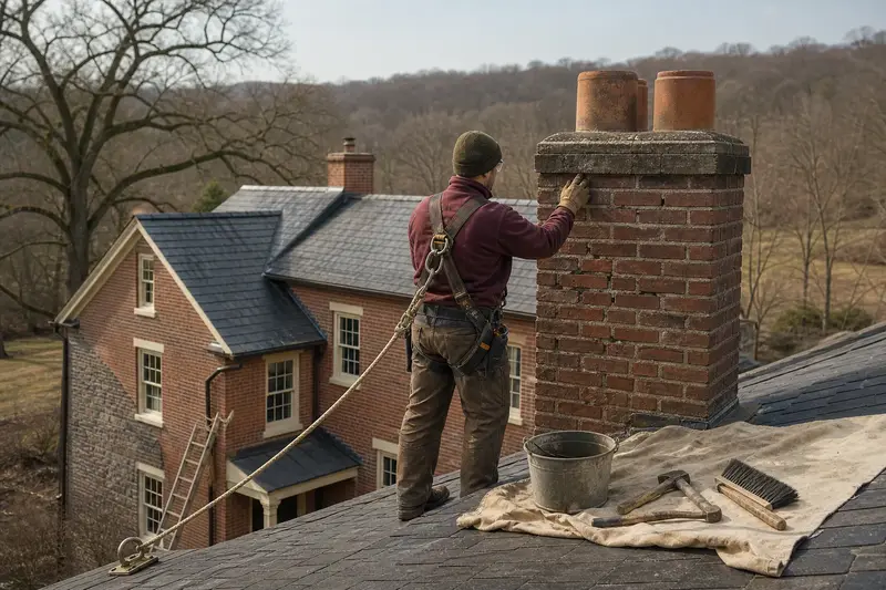 A harnessed mason examining the brickwork of a two-flue brick chimney on a slate roof with a gloved hand; illustrative image