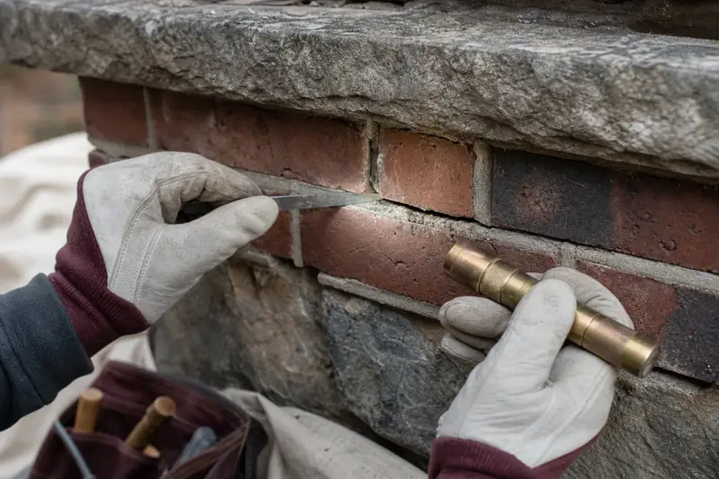Gloved hands probing a cracked mortar joint with a thin feeler blade; illustrative image