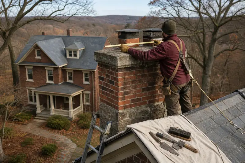 A harnessed mason measuring the crown of a tall brick chimney on a steep gable roof with a folding rule; illustrative image