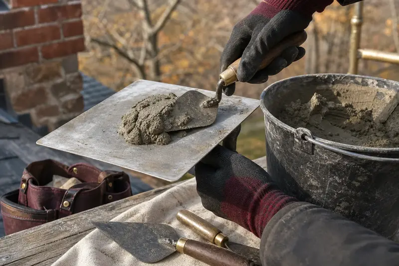 A mortar hawk, trowels and a bucket of mixed mortar set on a roof work platform; illustrative image