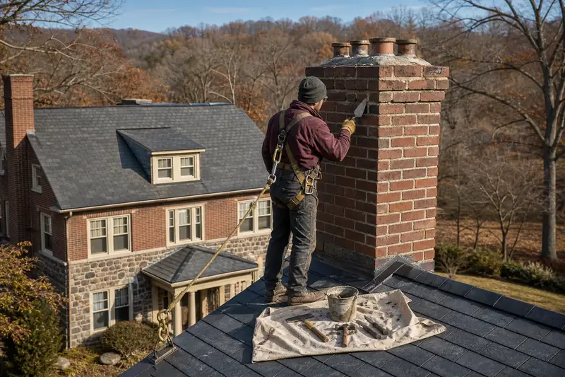 A harnessed mason repointing mortar joints on a tall brick chimney on a steep gable roof with a pointing trowel; illustrative image