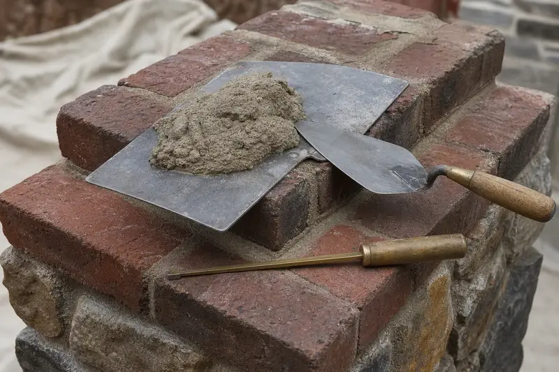 A mortar hawk, pointing trowel and jointer resting on sound brick at a chimney shoulder; illustrative image
