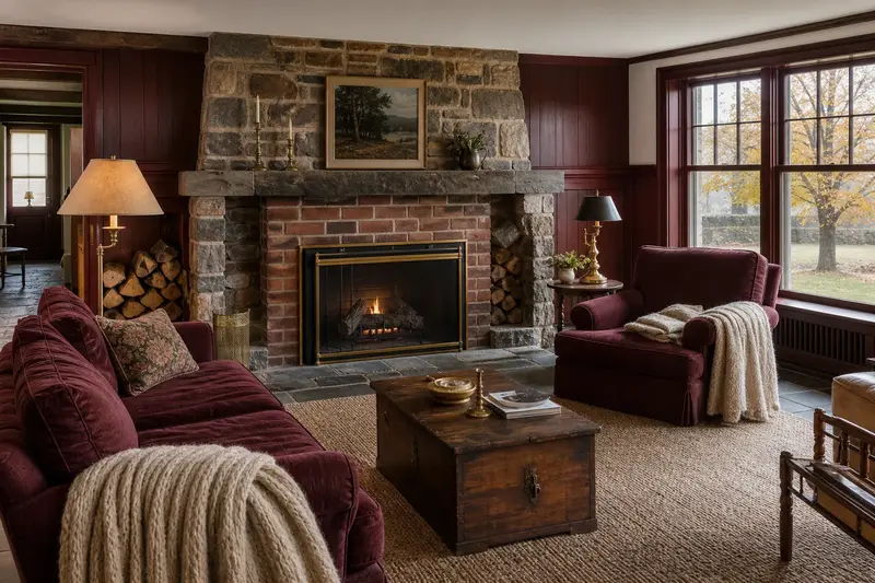 A lived-in family room with a vented gas log set in a masonry firebox, seasoned firewood and wool throws; illustrative image