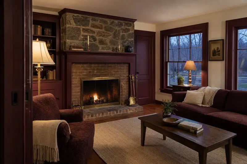 A restored hearth room with an open masonry wood-burning fireplace, a clean hearth and brass fireplace tools; illustrative image
