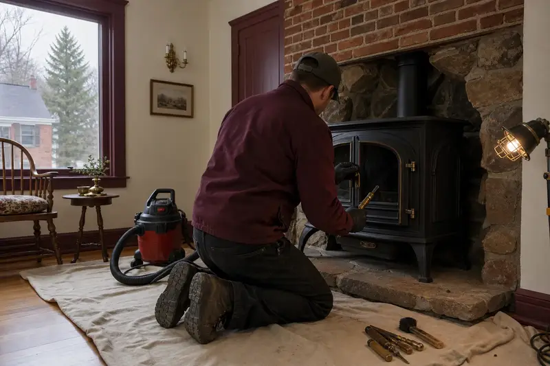 A technician adjusting the glass doors of a cast-iron wood stove on a stone hearth pad with a hand tool, the fireplace unlit; illustrative image