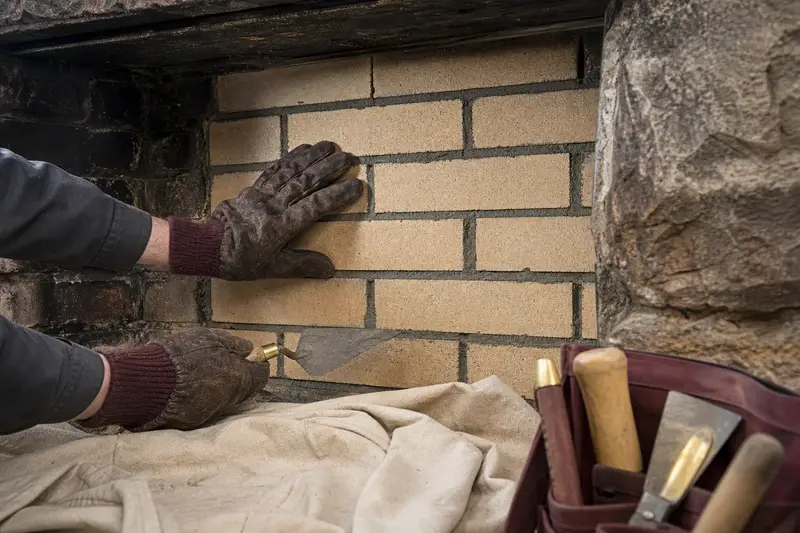 New firebrick and refractory mortar in the back wall of a factory-built wood-burning fireplace with a stone facing, seen up close; illustrative image