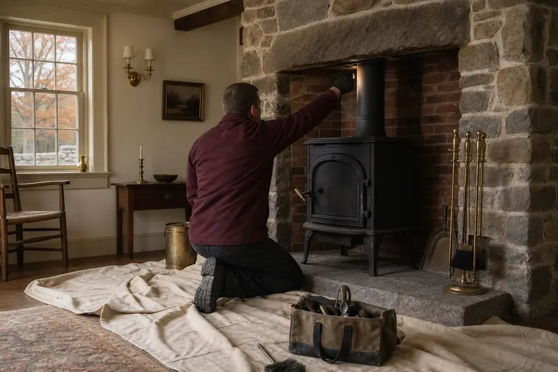 A technician checking the damper of a cast-iron wood stove on a stone hearth pad with a flashlight before the heating season, the fireplace cold; illustrative image