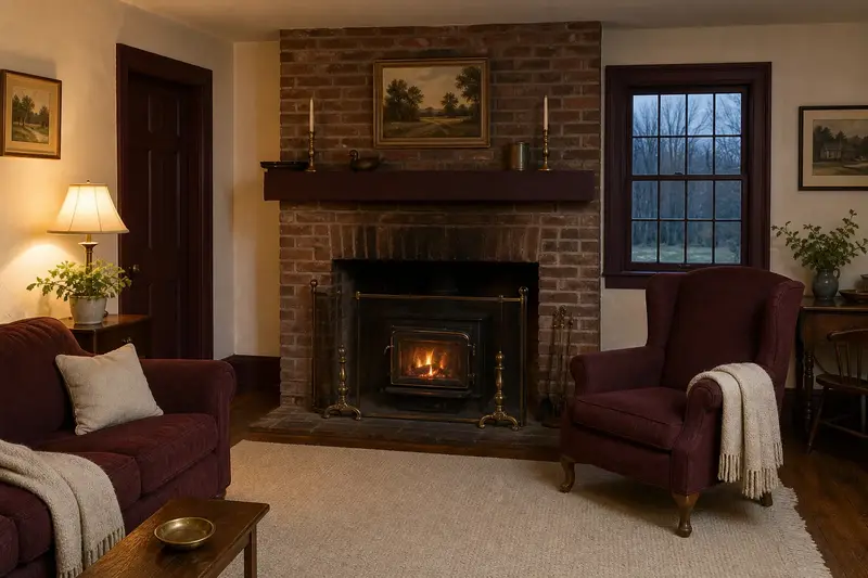 A living room with a wood-burning insert in a brick opening and a small fire behind a screen, no one present; illustrative image