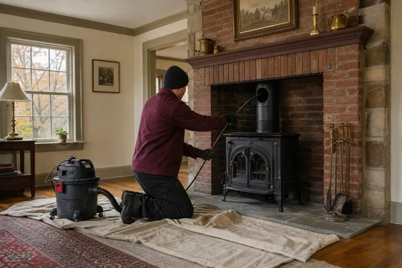 A technician feeding a rotary chimney brush up the flue of a cast-iron wood stove on a stone hearth pad, drop cloths and a sealed vacuum on the hearth; illustrative image