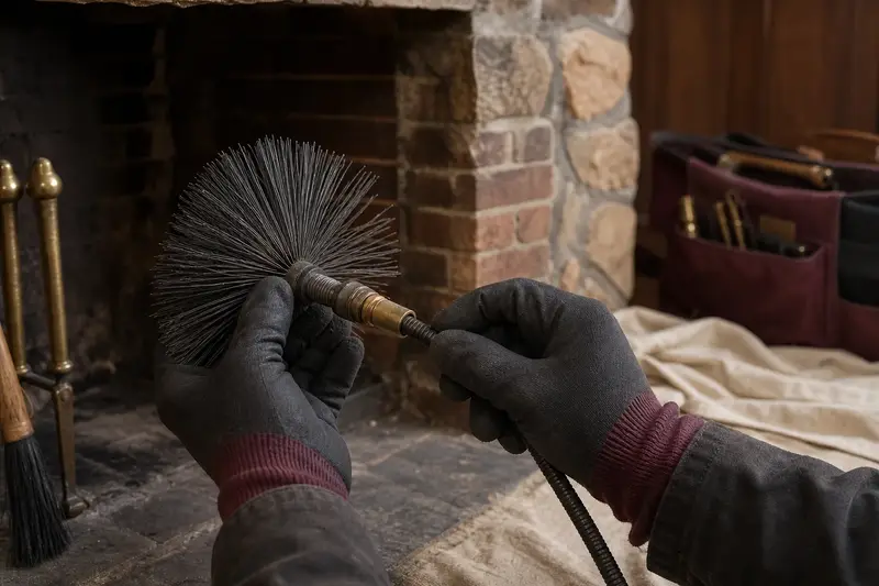 Gloved hands fitting a round wire brush onto a flexible rod at the hearth of an open masonry wood-burning fireplace; illustrative image