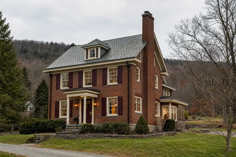 A 1940s brick foursquare house in soft daylight with a tall brick chimney on a steep gable roof standing clear above the roofline; illustrative image