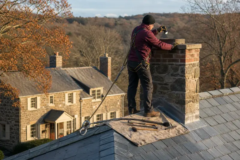 A harnessed technician examining the top of a stone masonry chimney with a flashlight from a dry roof surface; illustrative image