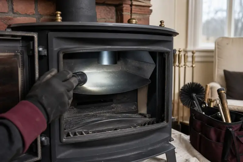 A flashlight beam across the smoke chamber and damper of a freestanding gas stove, a gloved hand holding the light; illustrative image