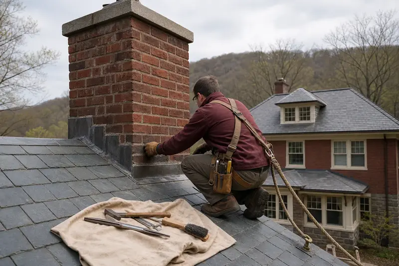 A harnessed technician checking the step flashing where a red brick chimney with a concrete crown meets the roof; illustrative image