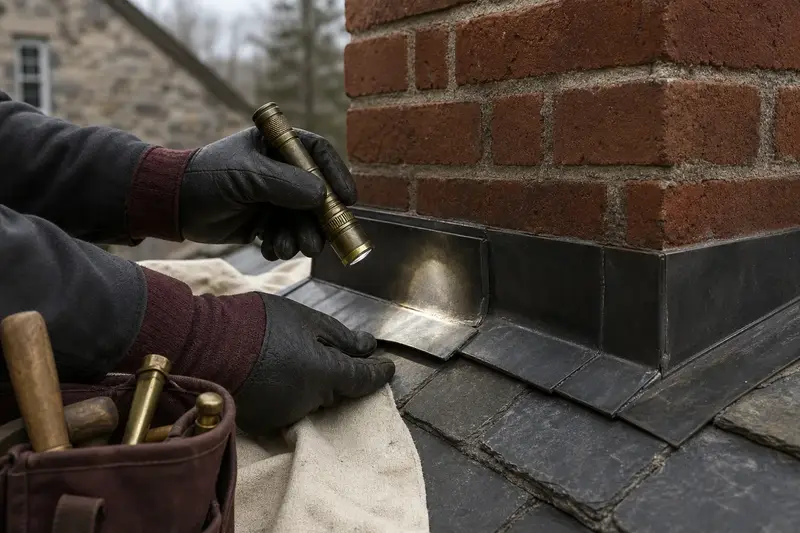 A flashlight tracing a leak path at chimney flashing, seen up close; illustrative image