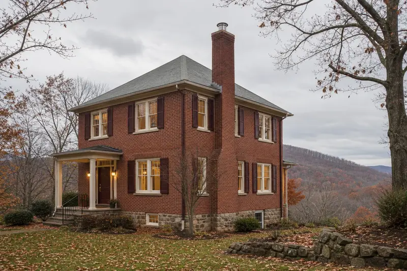 A 1940s brick foursquare house with a red brick chimney with a concrete crown fitted with a stainless steel liner cap; illustrative image