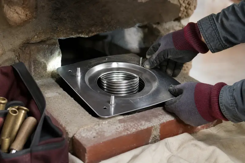 Gloved hands fitting a stainless steel liner top plate at a flue opening; illustrative image