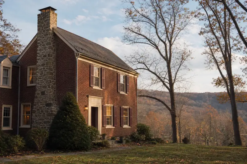 A 1940s brick rowhouse in soft daylight with a stone masonry chimney and even brickwork; illustrative image