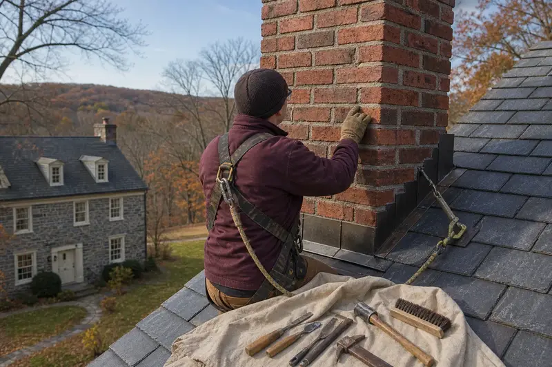 A harnessed mason examining the brickwork of a tall brick chimney on a steep gable roof with a gloved hand; illustrative image