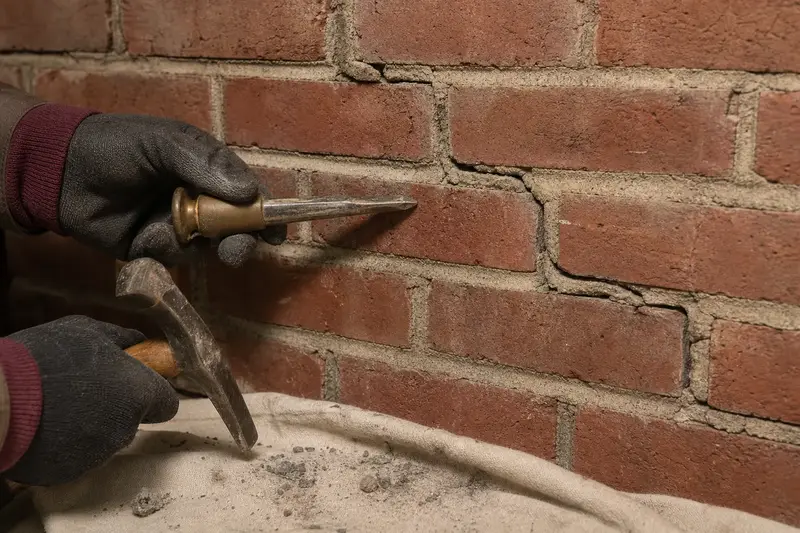 A stepped crack through mortar joints on a brick chimney, seen up close; illustrative image