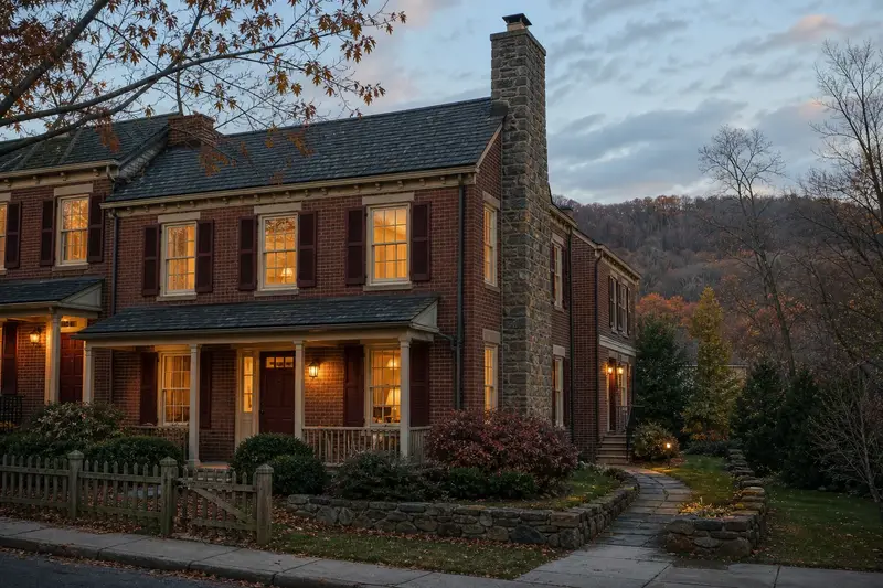 A 1940s brick rowhouse with a stone masonry chimney and neat, even mortar joints; illustrative image