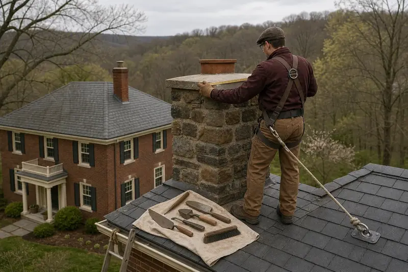 A harnessed mason measuring the crown of a stone masonry chimney with a folding rule; illustrative image